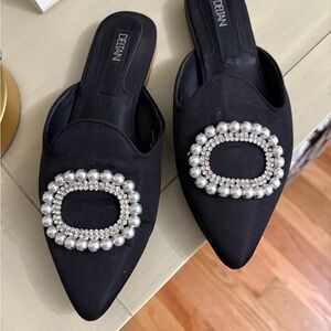 Delta Black Mules with Pearl Accents